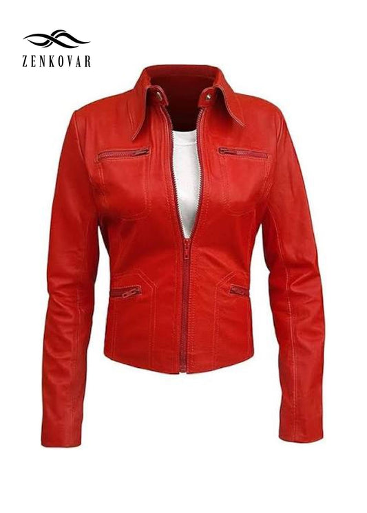 Red Lambskin Leather Moto Jacket