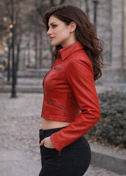 Red Lambskin Leather Moto Jacket